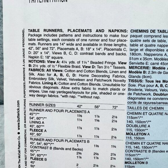 Butterick B4308 Table Runner & Placemats Sewing Pattern For Home Decor - Picture 2 of 2